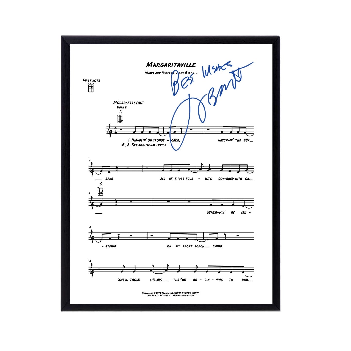 Autographed Jimmy Buffett Album Cover Replicas. 12" x 12", 11" x 14" or 13" x 19". Frame included. Just message me to tell me the replica you want framed and shipped.