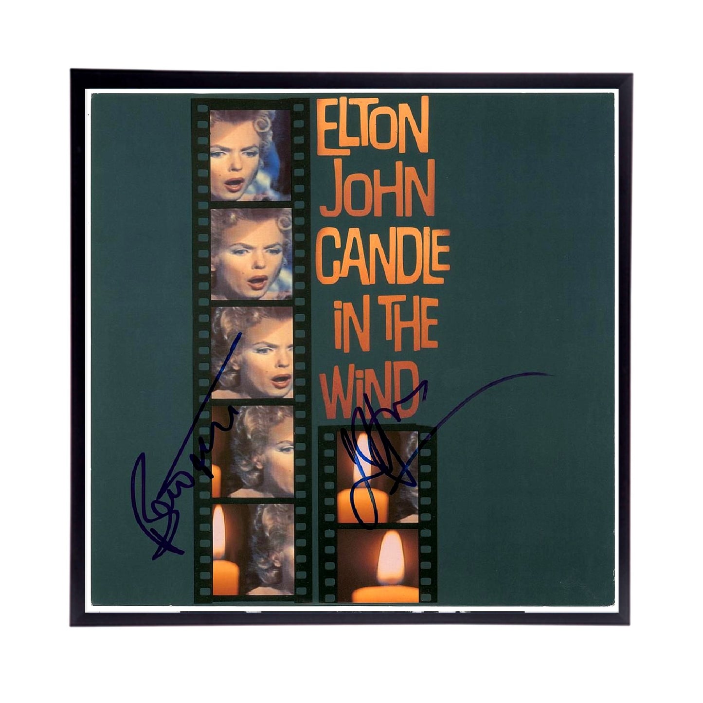 Elton John Autographed Album Cover and sheet music Replicas. 12" x 12" inches. Frame is included.