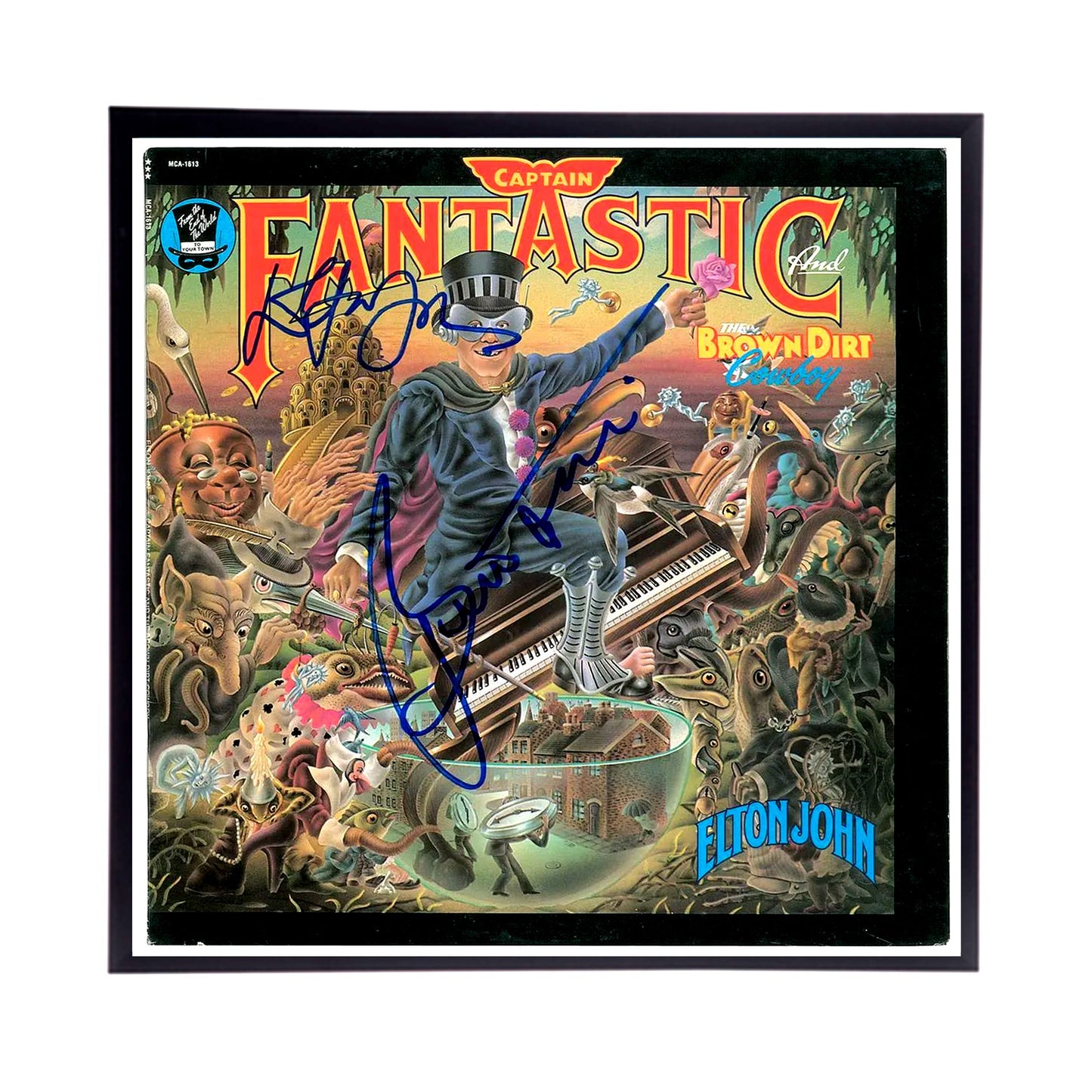 Elton John Autographed Album Cover and sheet music Replicas. 12" x 12" inches. Frame is included.