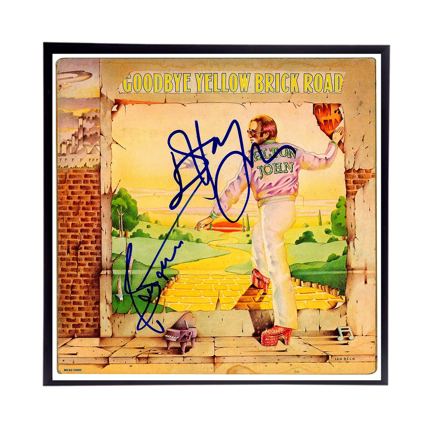 Autographed Elton John "Goodbye Yellow Brick Road" Album Cover Replica. 12" x 12" inches. Frame is included.