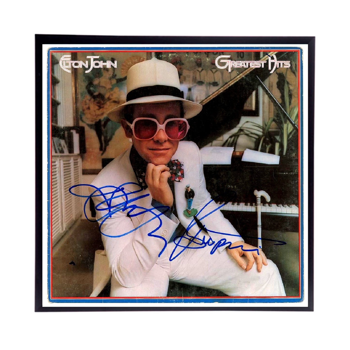 Elton John Autographed Album Cover and sheet music Replicas. 12" x 12" inches. Frame is included.