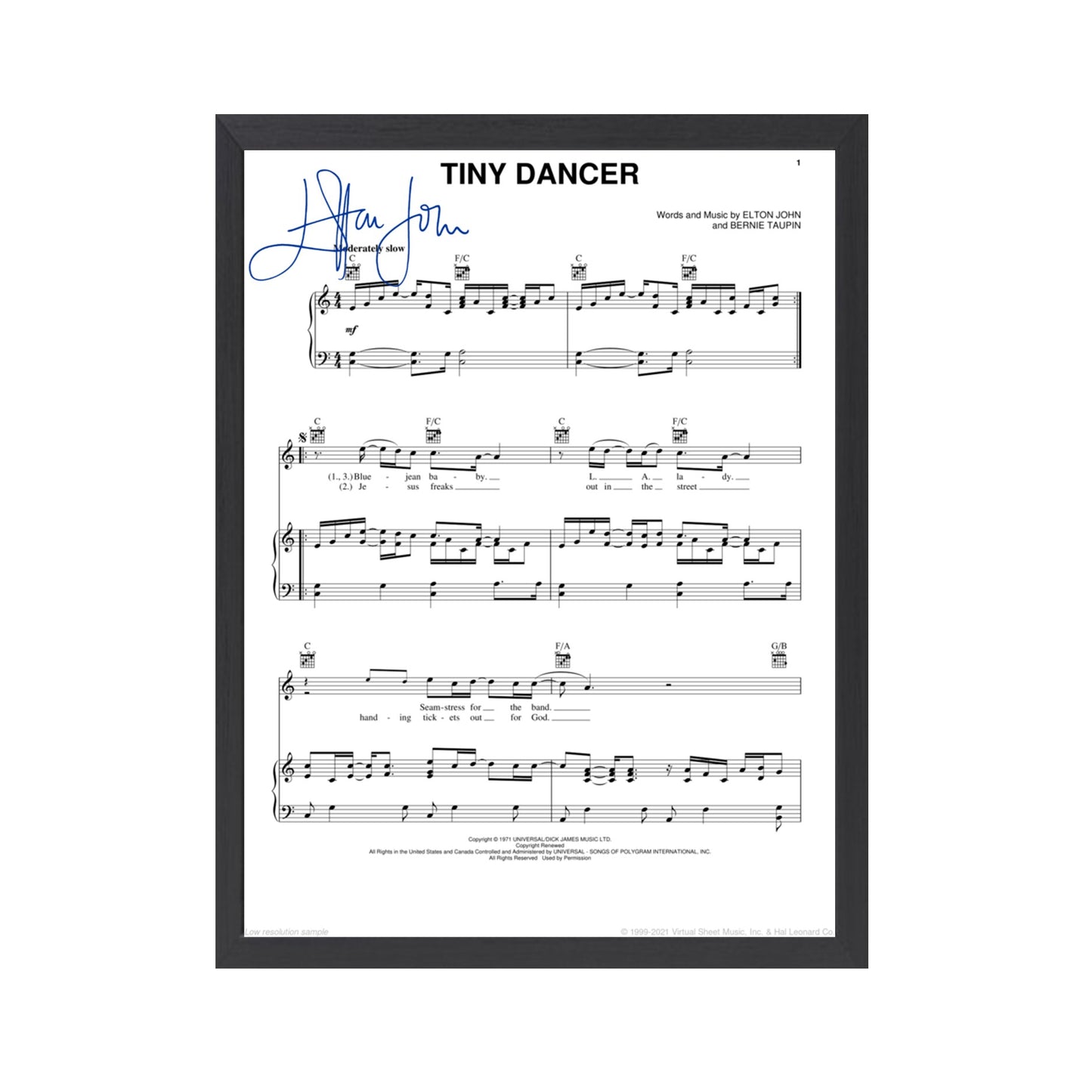 Elton John Autographed Album Cover and sheet music Replicas. 12" x 12" inches. Frame is included.