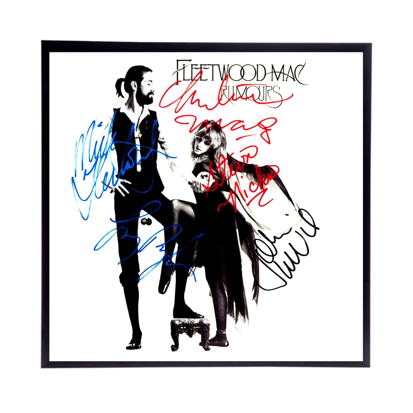 Autographed Fleetwood Mac "Rumours" Album Cover Replica. 12" x 12" inches. Frame is included.