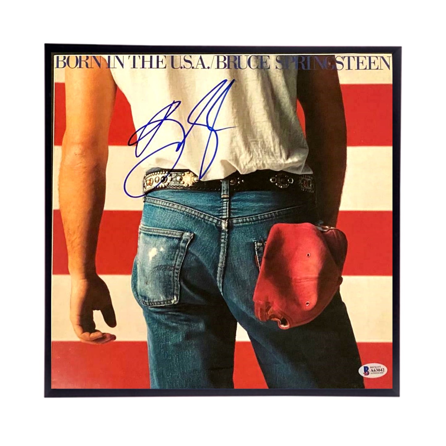 Autographed Bruce Springsteen "Born in the USA" Album Cover Replica. 12" x 12" inches. Frame is included.