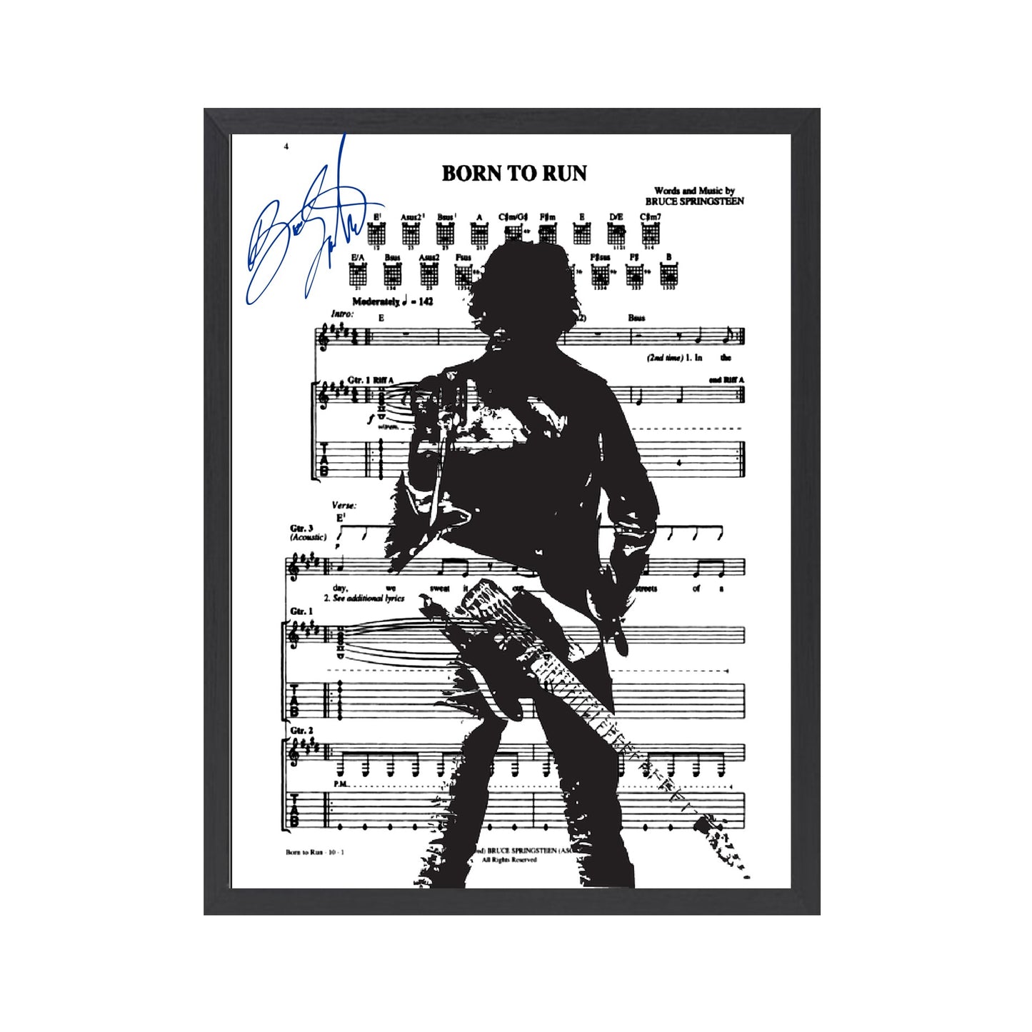 Autographed Bruce Springsteen Sheet Music. Frame Included. Frame Sizes Vary.