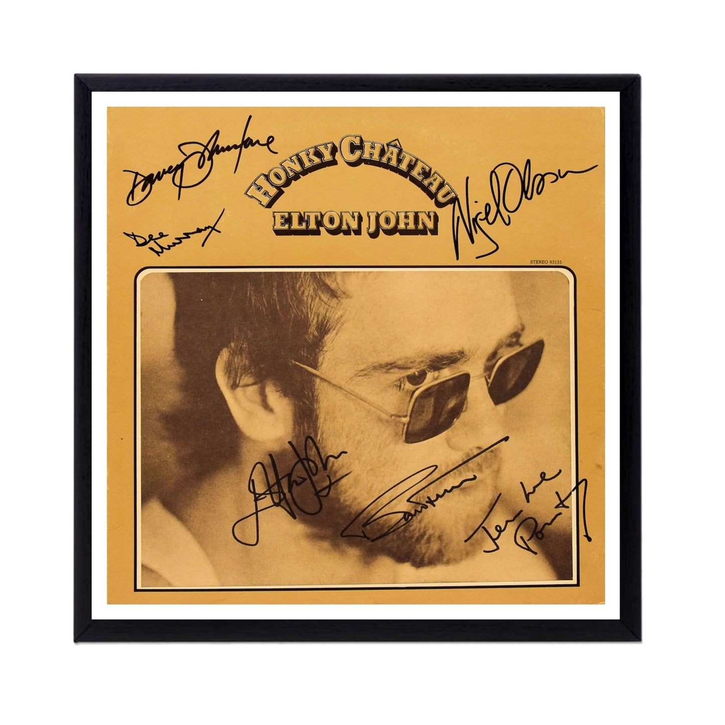 Elton John Autographed Album Cover and sheet music Replicas. 12" x 12" inches. Frame is included.