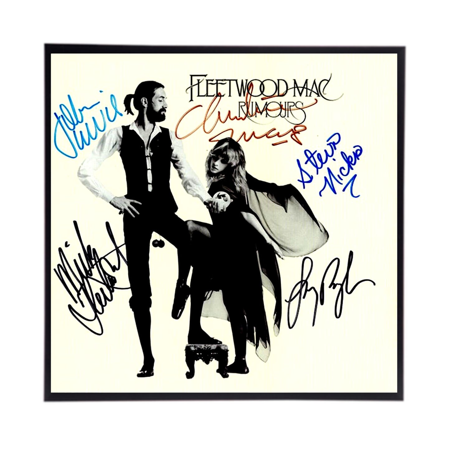 Autographed Fleetwood Mac "Rumours" Album Cover Replica. 12" x 12" inches. Frame is included.