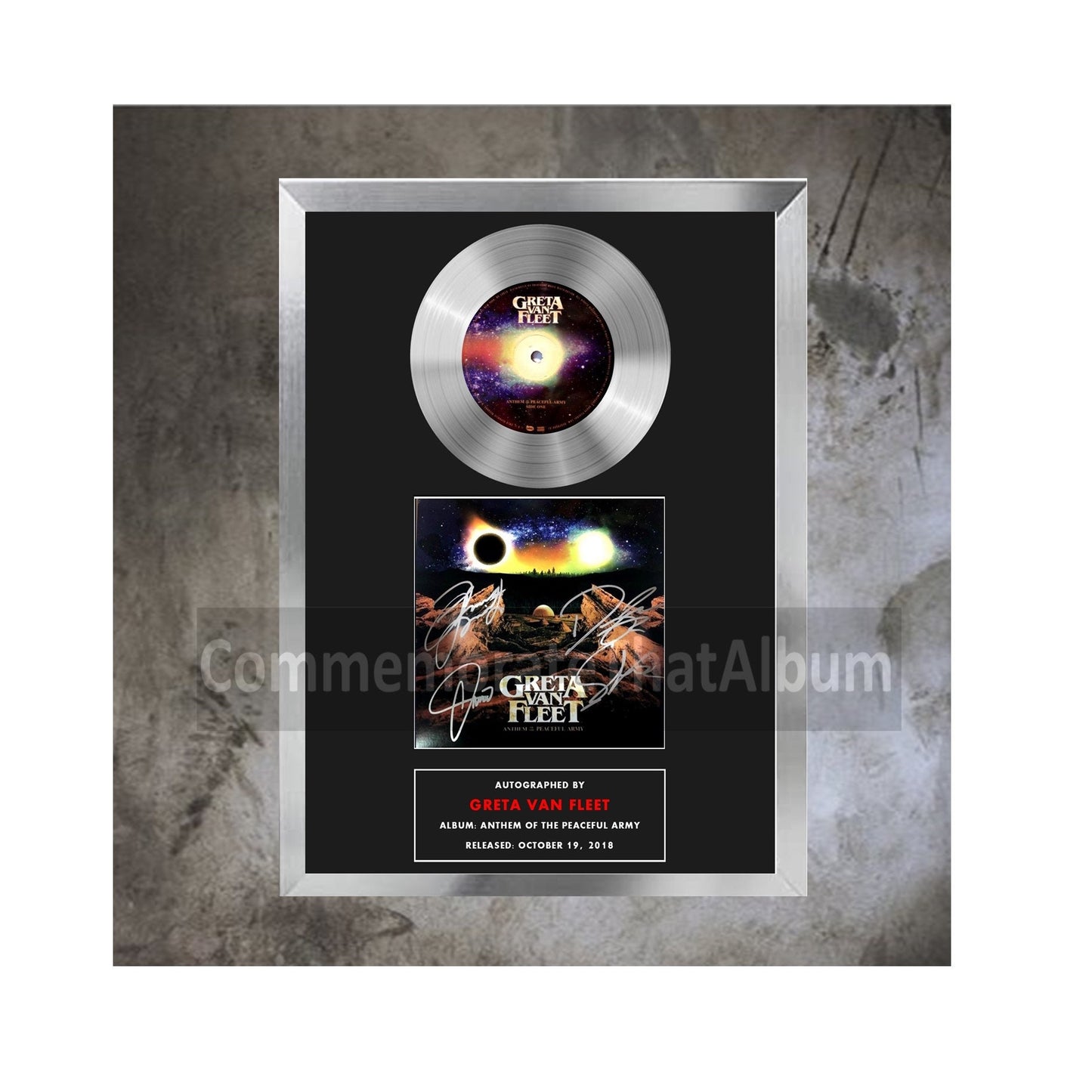 Greta Van Fleet Autographed "Anthem of the Peaceful Army" replica. 9.5" x 12.5" inch Display. Frame included.