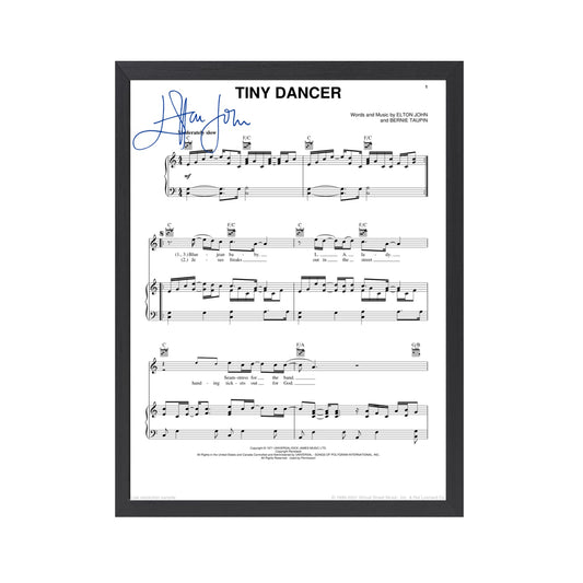 Elton John Autographed Album Cover and sheet music Replicas.  12" x 12" inches.  Frame is included.