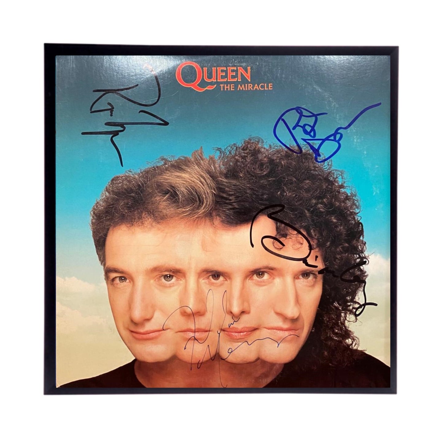 Autographed QUEEN Album Cover Replicas.  12" x 12" inches.  Frame is included.  Just message me to tell me which album cover you want framed and shipped.