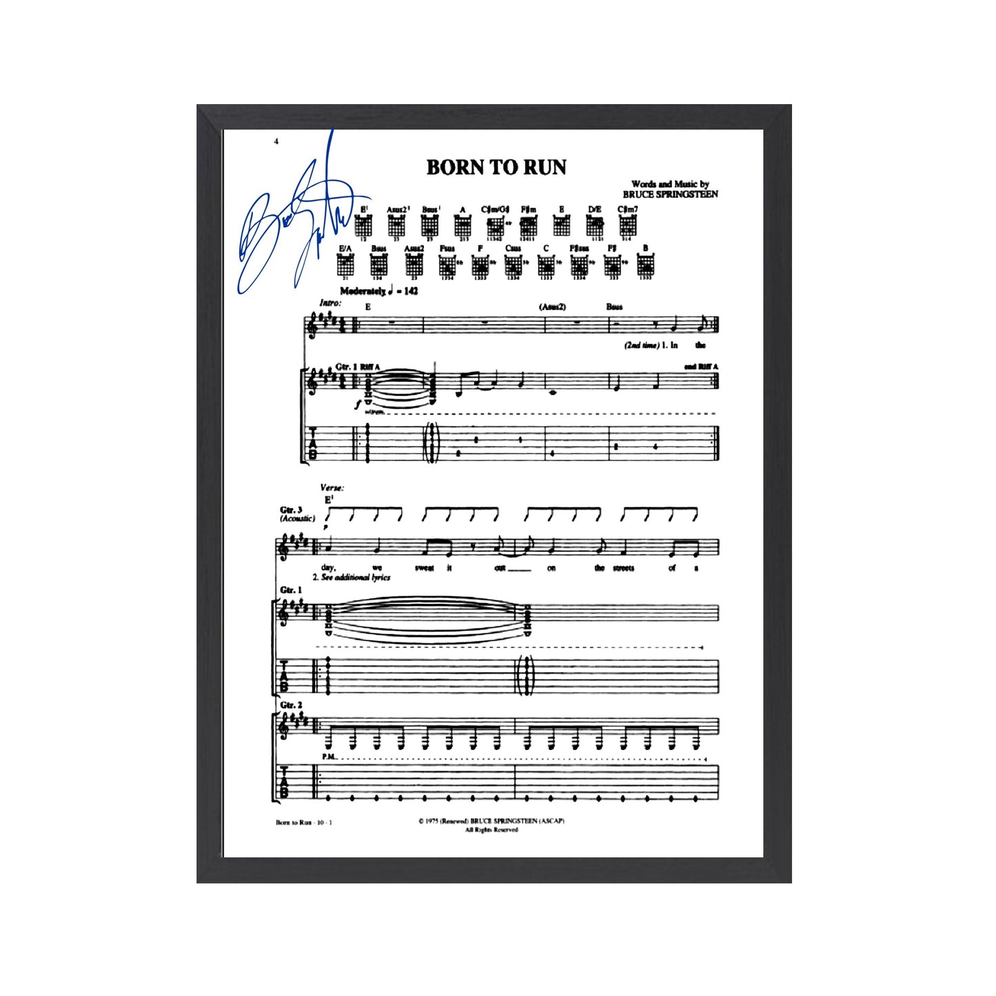 Autographed Bruce Springsteen Sheet Music. Frame Included. Frame Sizes Vary.