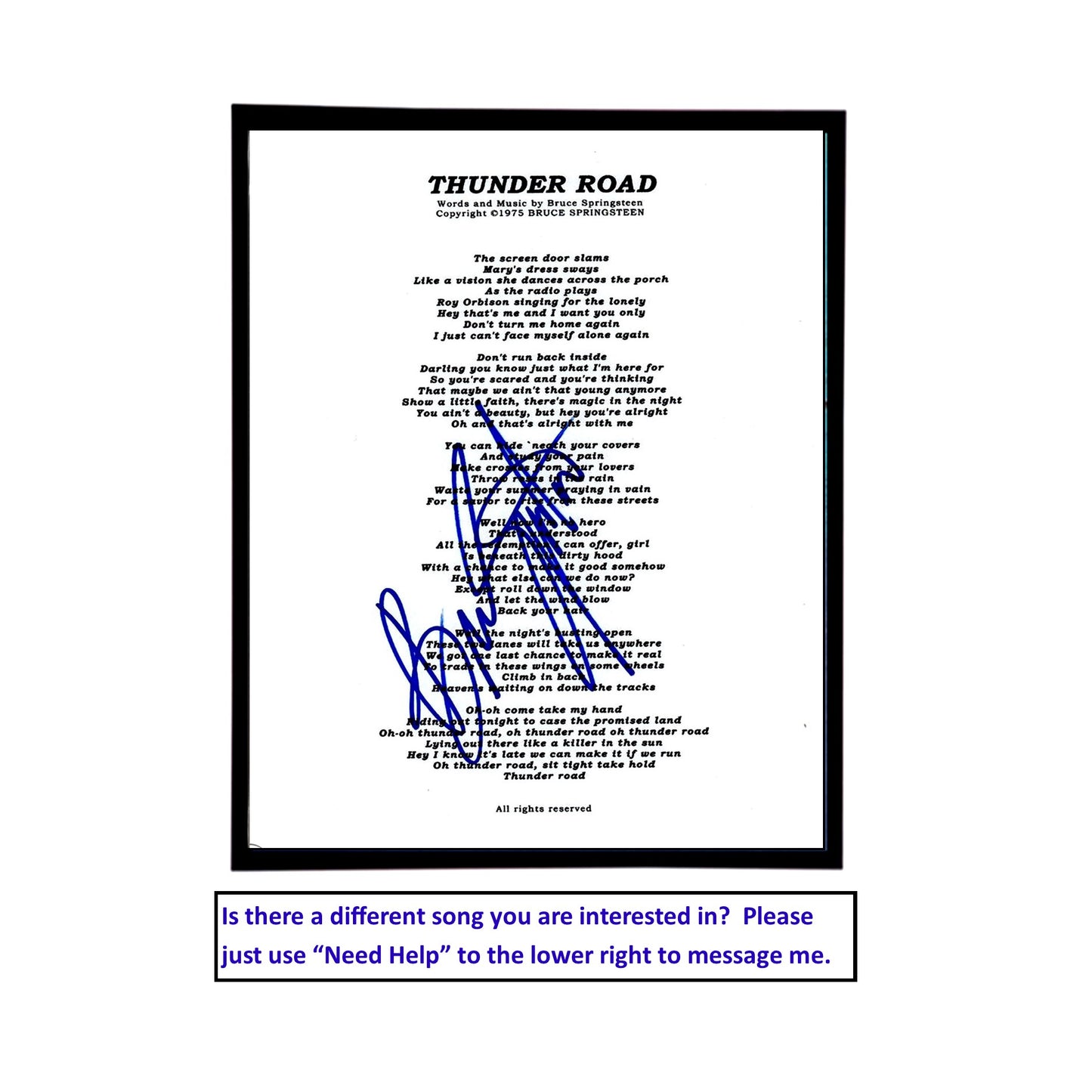 Autographed Bruce Springsteen Song Lyrics. Frame Included. Frame Sizes Vary