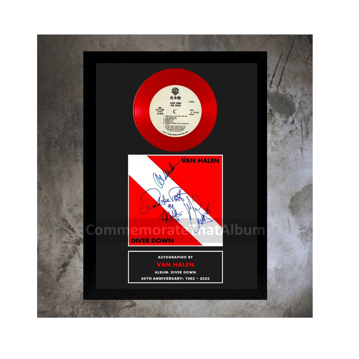 Van Halen Commemorative 40th Anniversary "Diver Down" Autographed Replica, 9.5" x 12.5" display. Frame included.