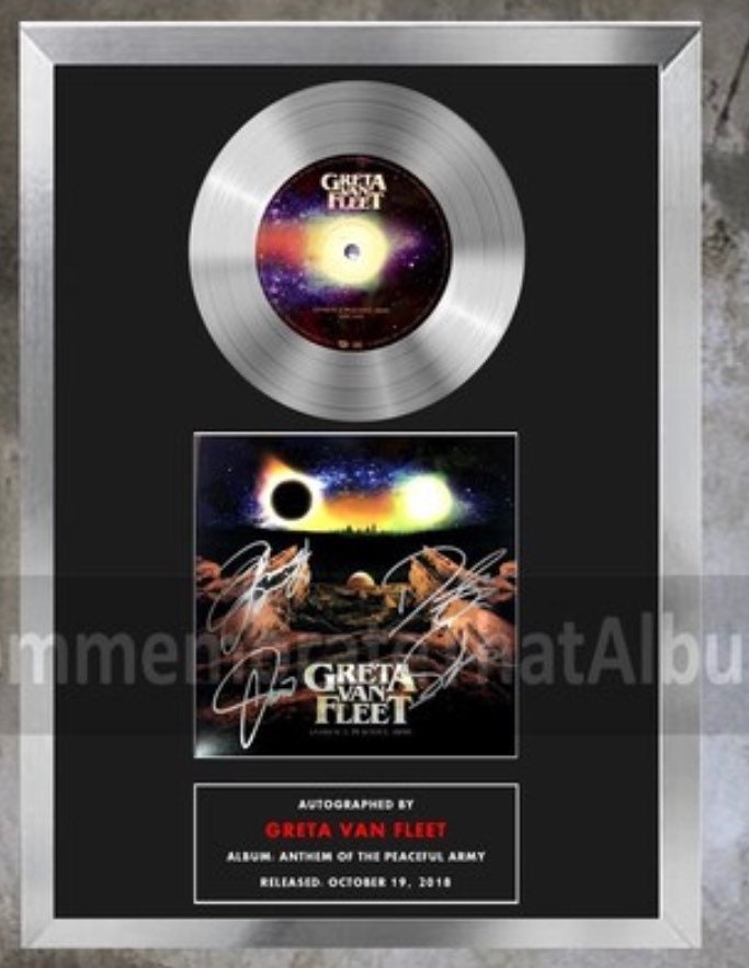 Greta Van Fleet Autographed "Anthem of the Peaceful Army" Replica, 9.5" x 12.5" display. Frame included.