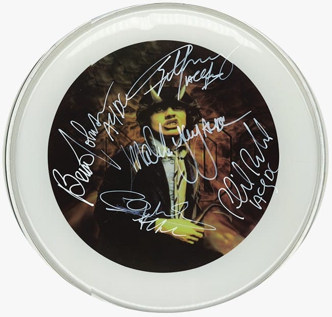 AC/DC Autographed / Signed 10" Drumhead Replica / Reprint / Bon Scott / Angus Young /