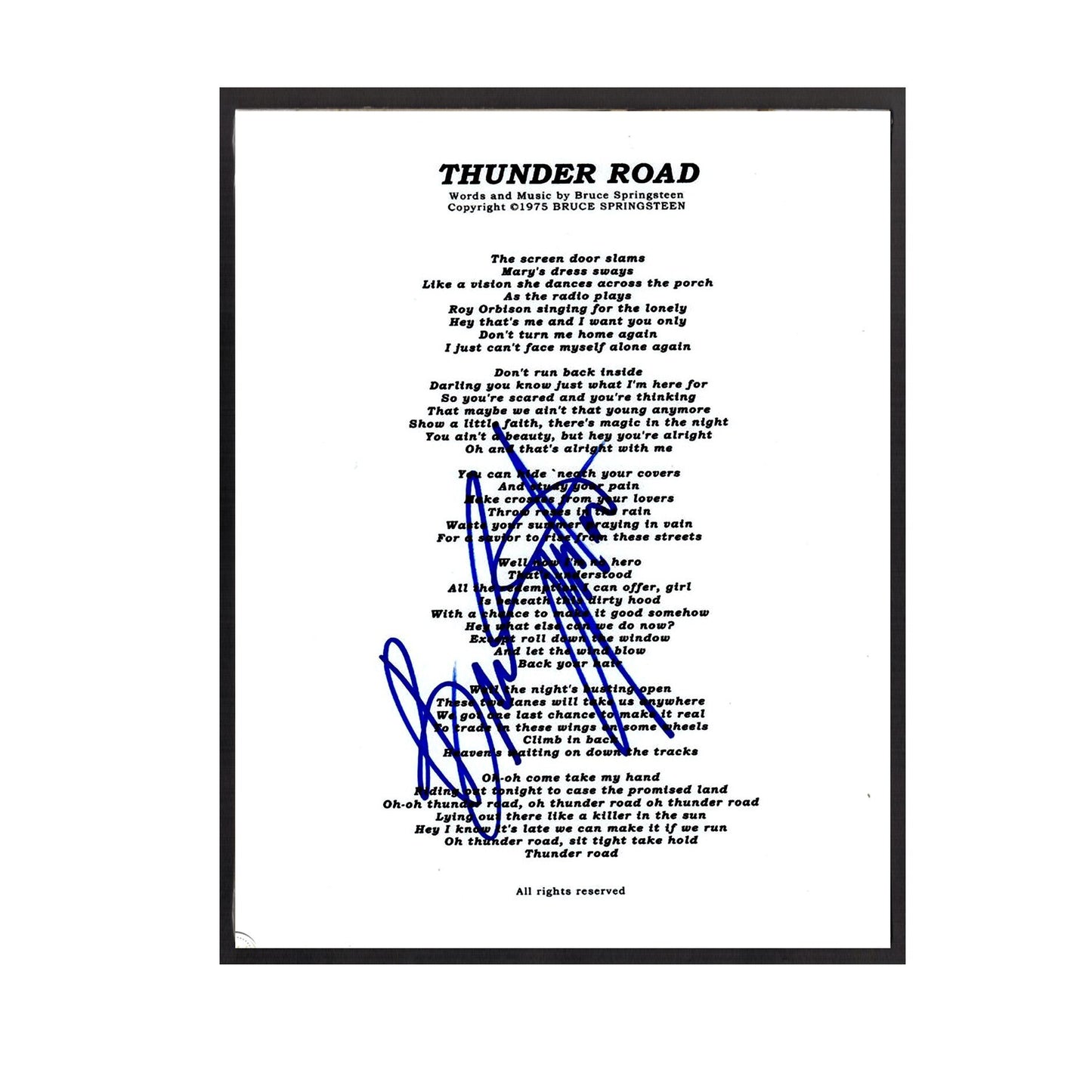 Autographed Bruce Springsteen "Thunder Road" Sheet Music Replica, 11" x 14",FRAME INCLUDED