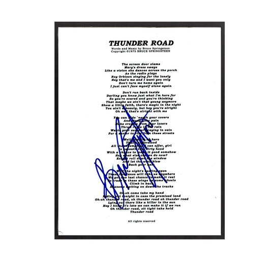 Autographed Bruce Springsteen "Thunder Road" Sheet Music Replica, 11" x 14",FRAME INCLUDED