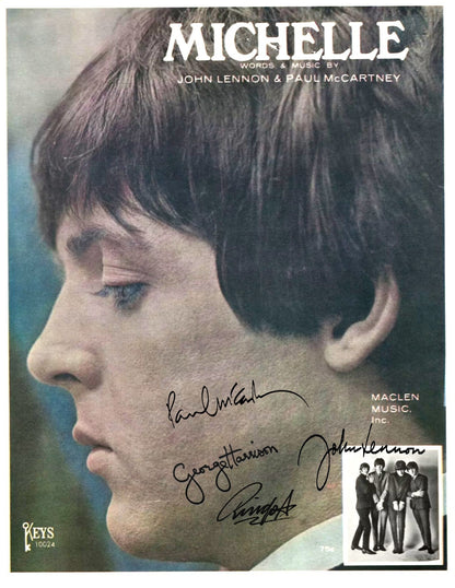 Beatles "Michelle" Sheet Music, Replica Autographed by all 4 Beatles, 11" x 14" inches, Frame Included