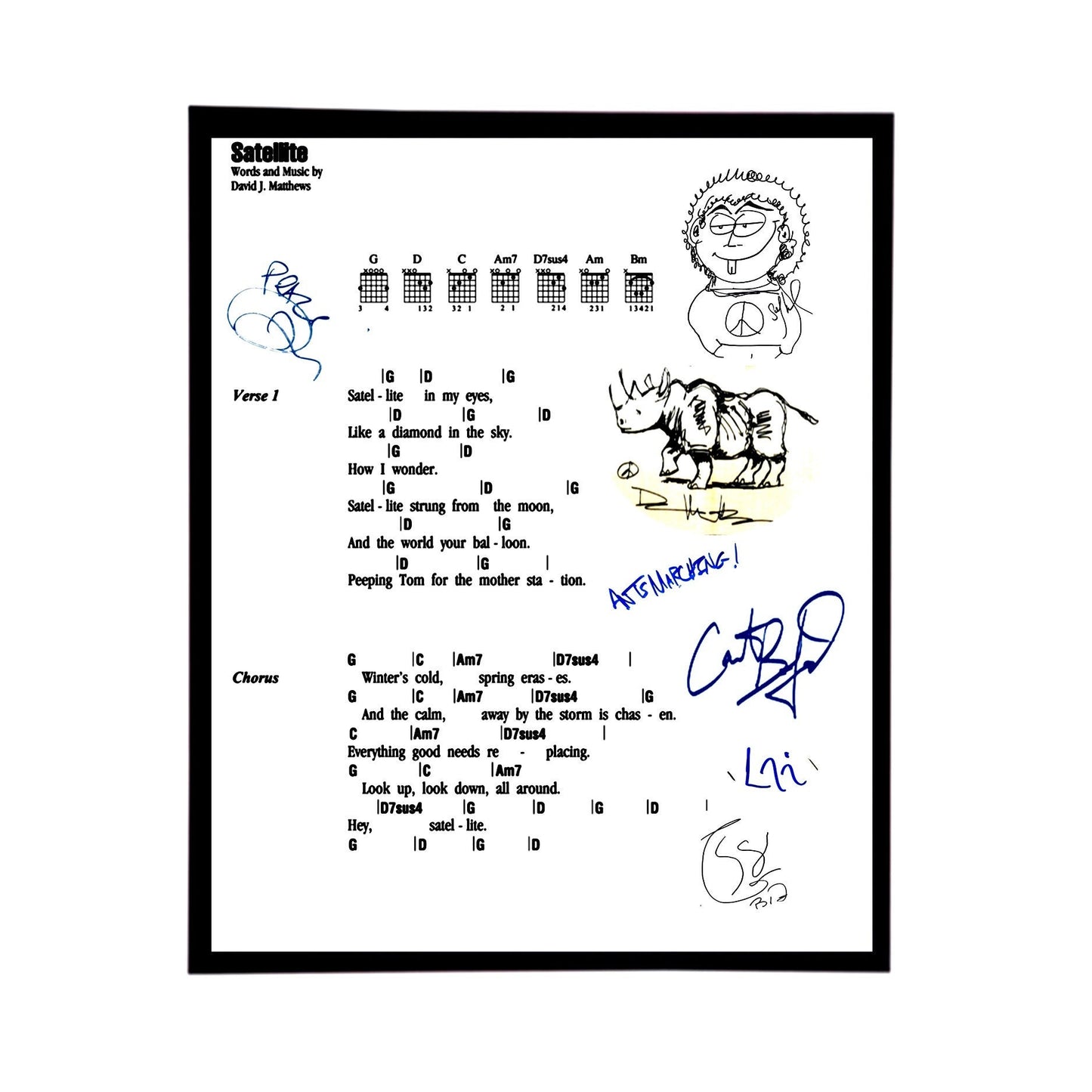 Autographed Dave Matthews Band  "Sattelite" Sheet Music Replica, 11" x 14" inches FRAME INCLUDED