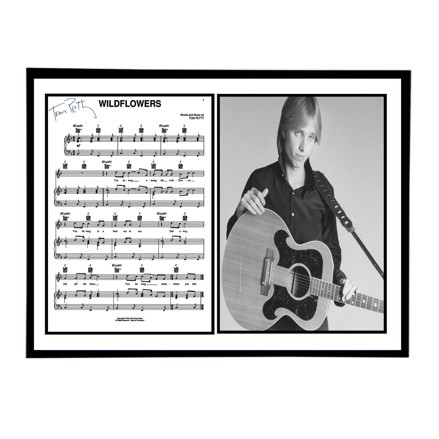 Autographed Tom Petty “Wildflowers” sheet music and photo, 11 x 14 or 13 x 19 FRAME INCLUDED