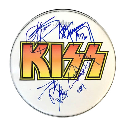 Kiss Autographed / Signed 10" Drumhead Replica with black metal display stand.