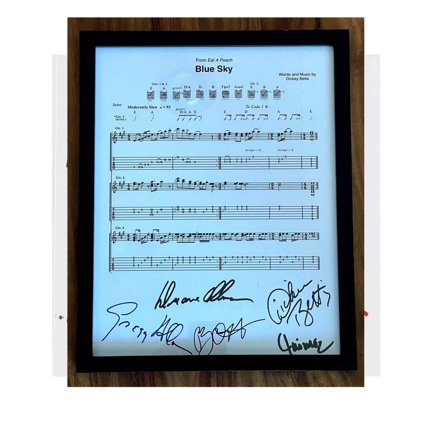 Allman Brothers "Blue Sky" Sheet Music Replica, 11" x 14" (Inches) / Frame is included / Gregg Allman / Dickey Betts