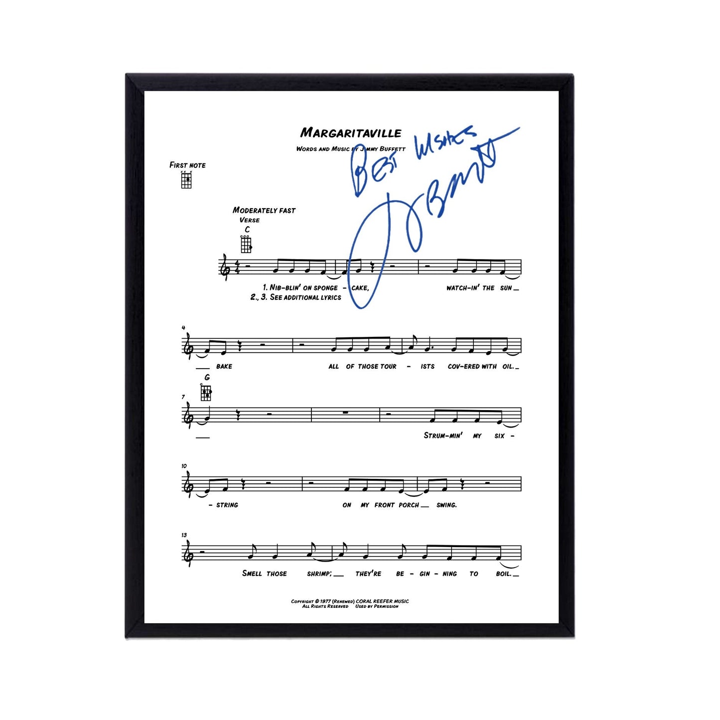 Jimmy Buffett  Autographed Margaritaville Sheet Music Replica, 11 x 14 Inches FRAME INCLUDED