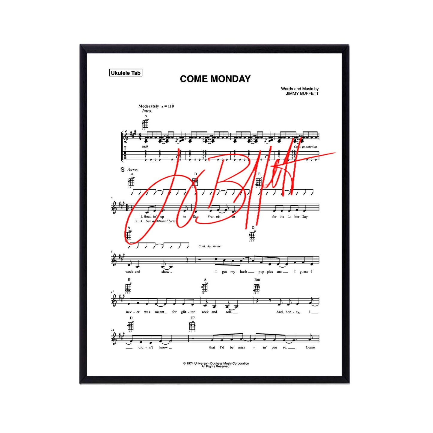 Jimmy Buffett  Autographed Come Monday Sheet Music Replica, 11 x 14 Inches FRAME INCLUDED