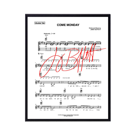 Jimmy Buffett  Autographed Come Monday Sheet Music Replica, 11 x 14 Inches FRAME INCLUDED